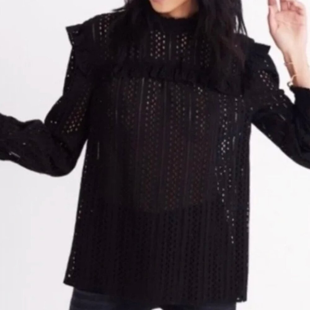 Madewell Black Lace‎ Ruffle Blouse Eyelet Mockneck Ruffle Tie Back Size XS